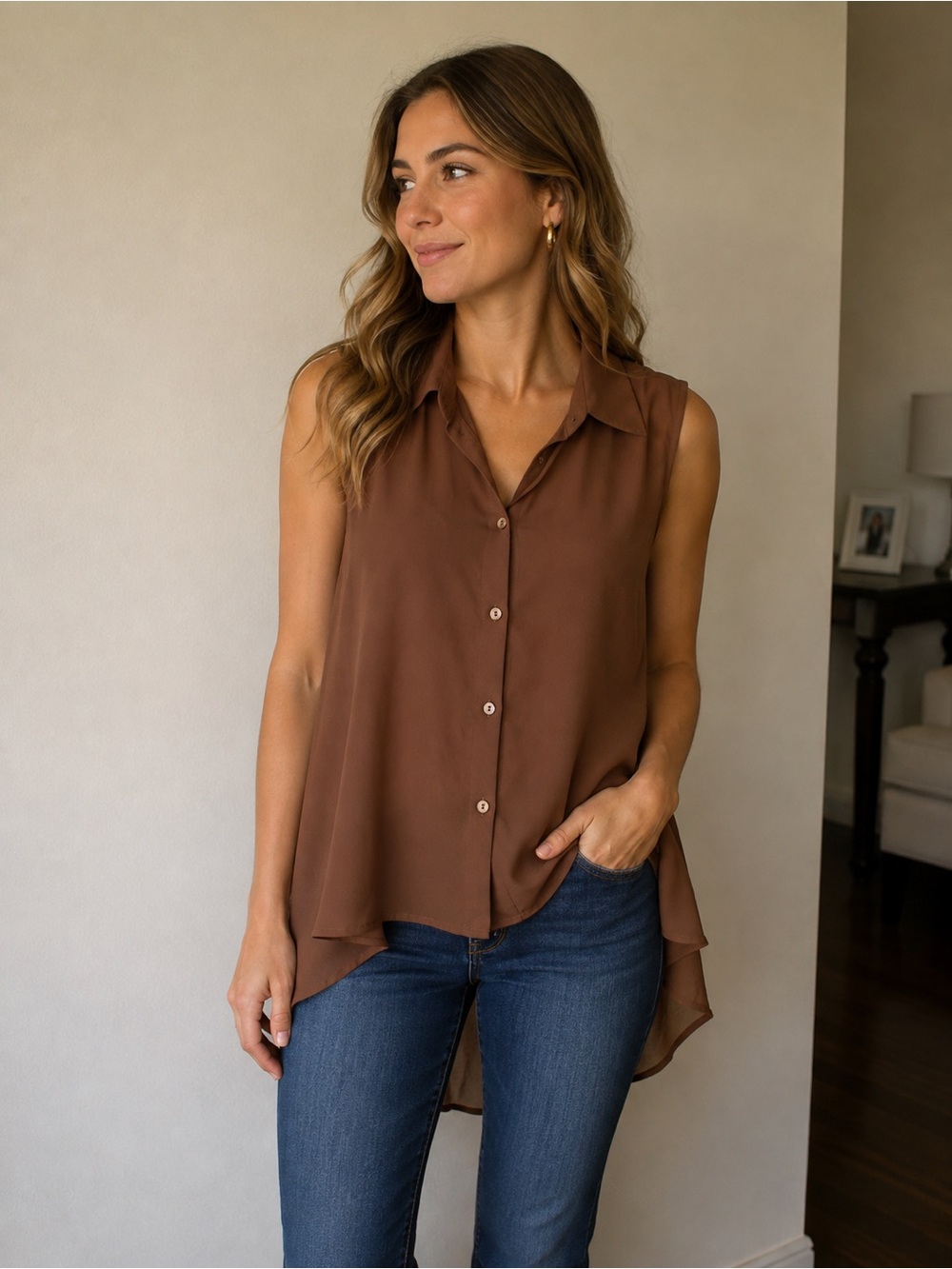 Sleeveless Sheer Brown Button-Front High-Low Blouse